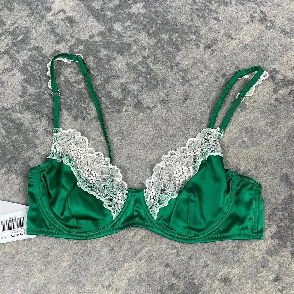 NWT Stella McCartney Green Lace Trim Underwire Bra Silk Blend Sz 36C